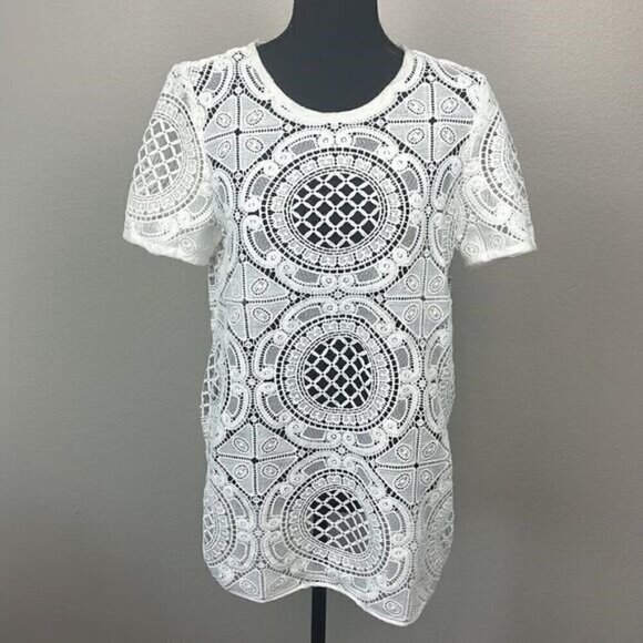 Sundance Shadow Dance Crochet‎ Top Ivory Lace Sheer Short Sleeve Tunic Sweater S - Picture 3 of 11